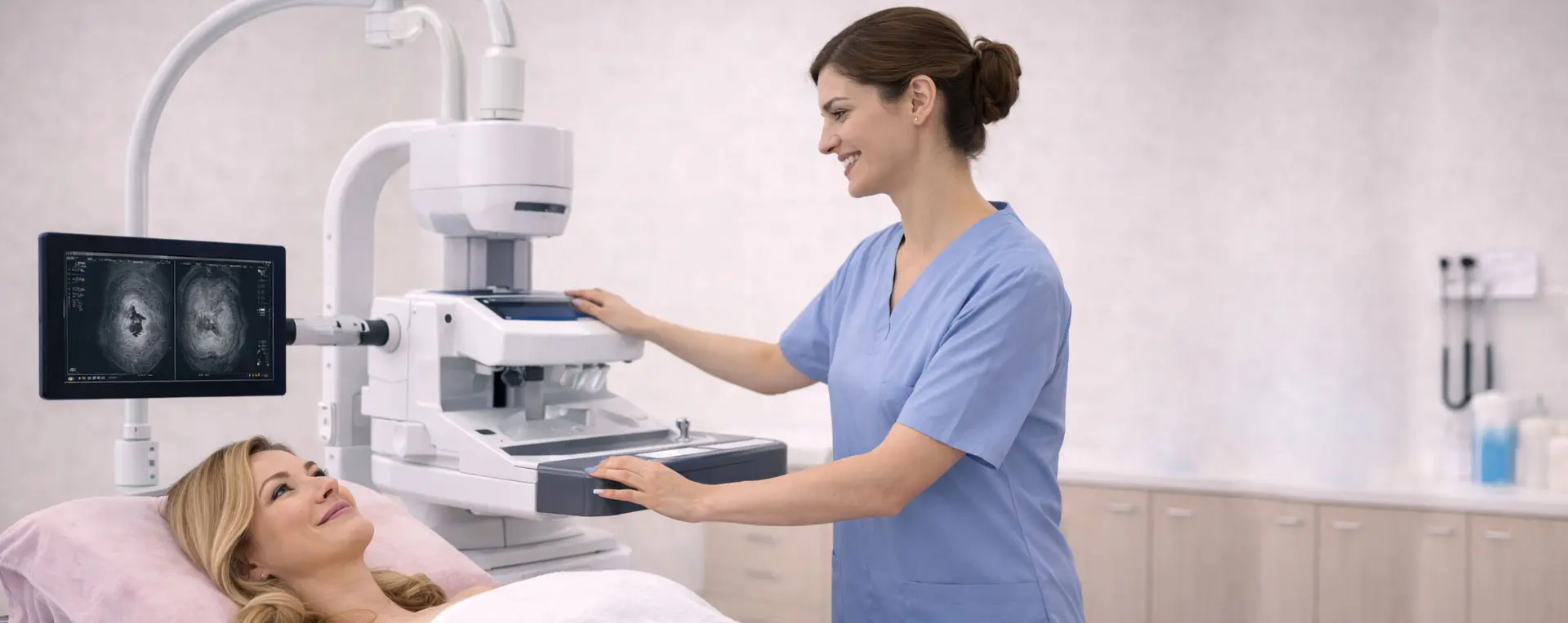 Woman undergoing ABUS breast screening with a radiologist at Genesis, Tampa for accurate breast health evaluation