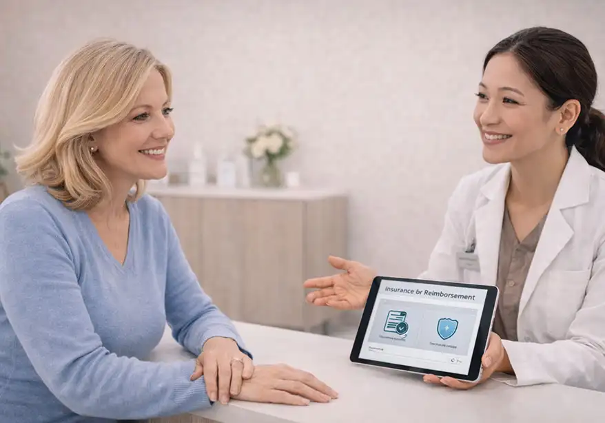 Radiologist explaining insurance options to a patient on a tablet at Genesis
