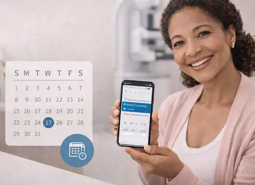 Woman showing her breast screening appointment schedule at Genesis, Tampa clinic