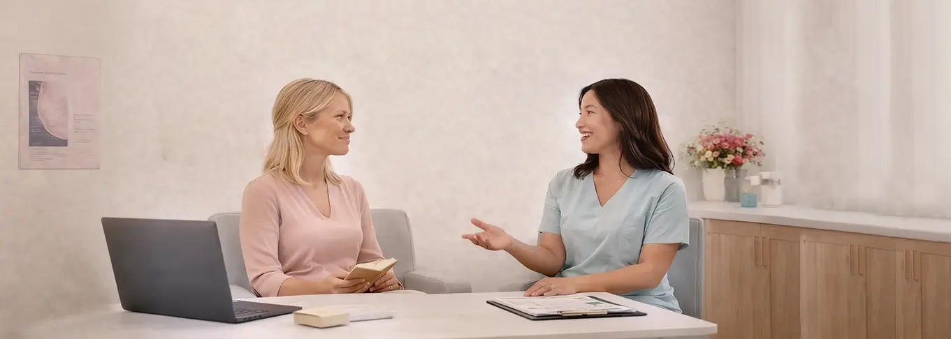 Certified radiologist at Genesis, Tampa, providing consultation and guidance on breast screening to a patient