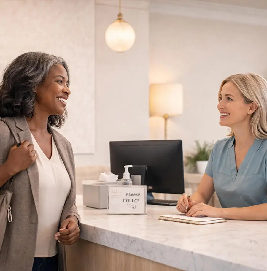 Woman speaking with staff at Genesis breast screening clinic reception in Tampa designed for a comfortable experience.
