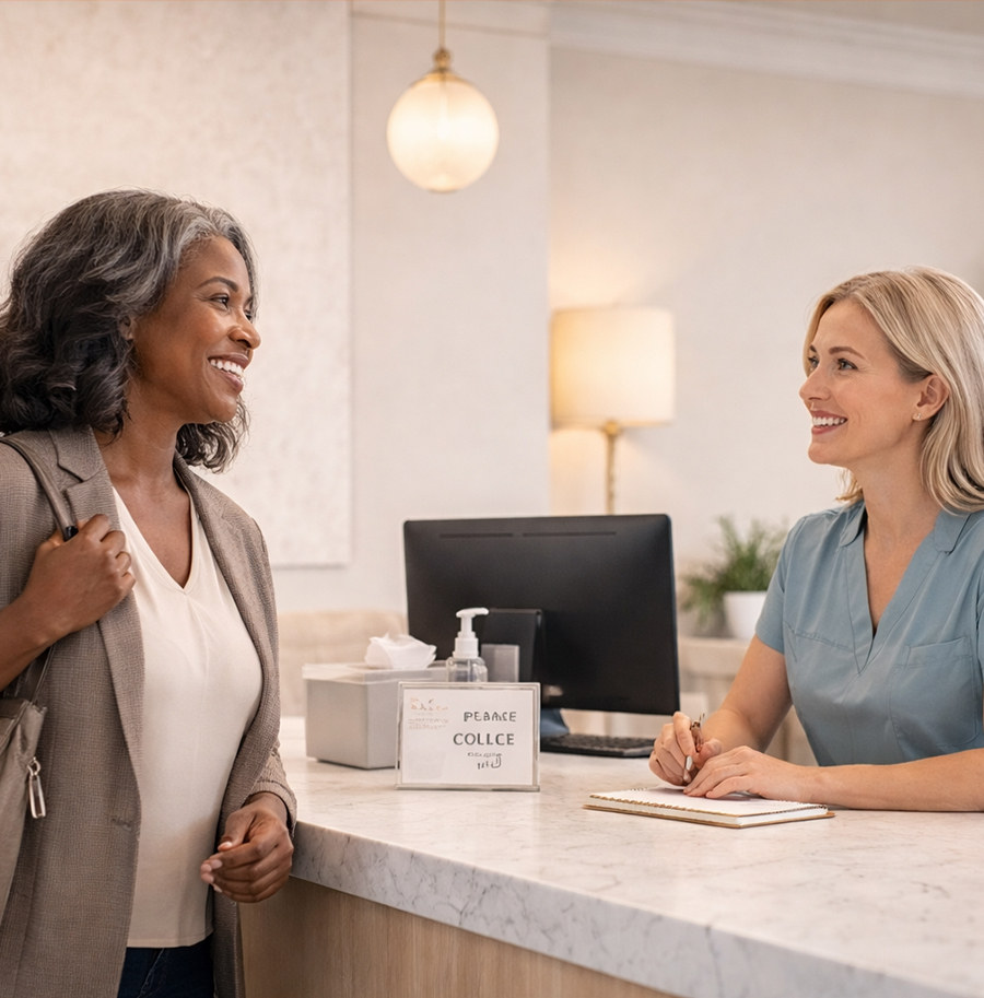 A professional smiling while working