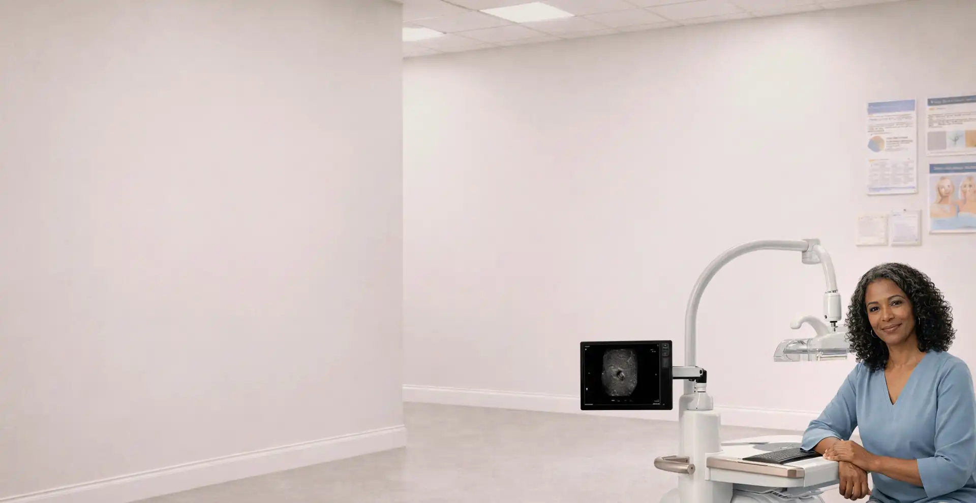 Woman seated comfortably in ABUS breast screening room at Genesis
