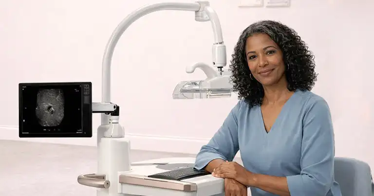 Woman seated comfortably in ABUS breast screening room at Genesis