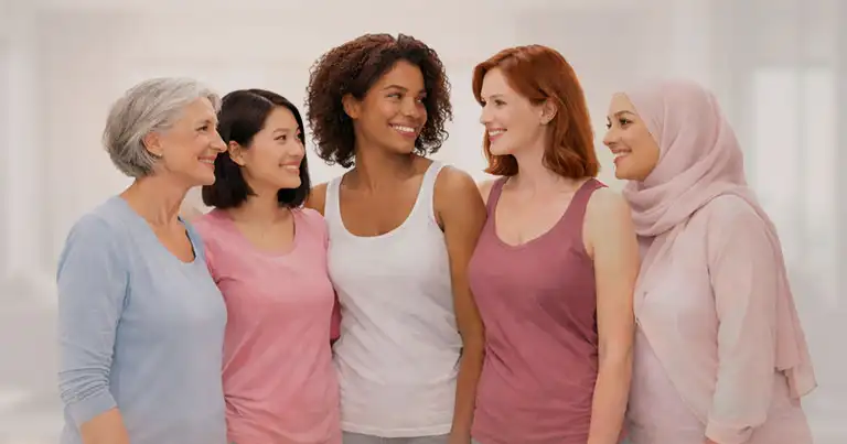 Women of different backgrounds promoting breast screening awareness and confidence in early detection and care
